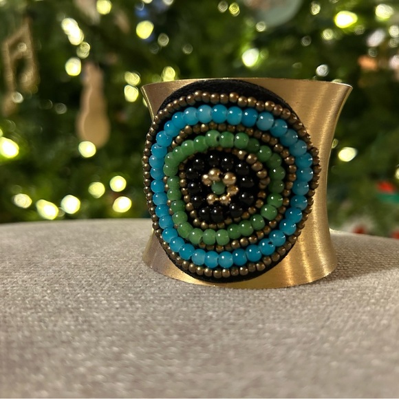 Vibrant Cuff bracelet with green, turquoise, black & gold, adjustable - Picture 6 of 6